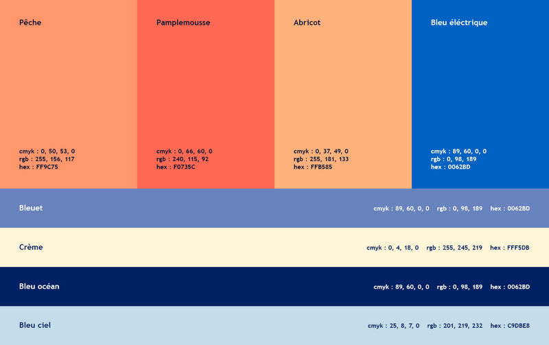 Palette de couleurs avec références CMYK, RGB et HEX utilisée dans un système d’identité visuelle de marque.