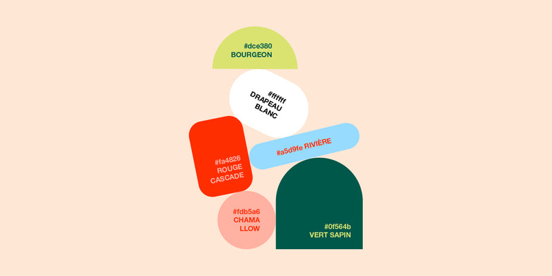 Palette de couleurs Hakuna avec nuances vert sapin, rouge, bleu rivière et tons naturels, utilisée pour l’identité visuelle d’un camp de vacances enfants axé nature et aventure.