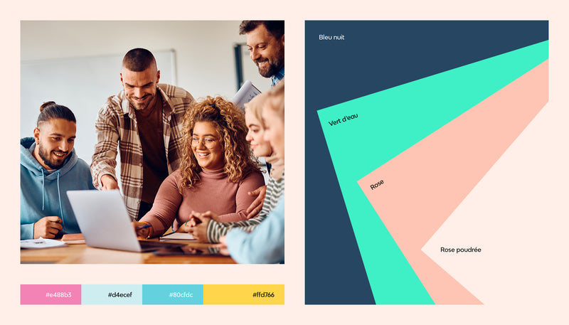 Palette de couleurs d’une identité visuelle avec bleu nuit, vert d’eau et nuances de rose utilisée pour le branding d’une école de management de la santé.