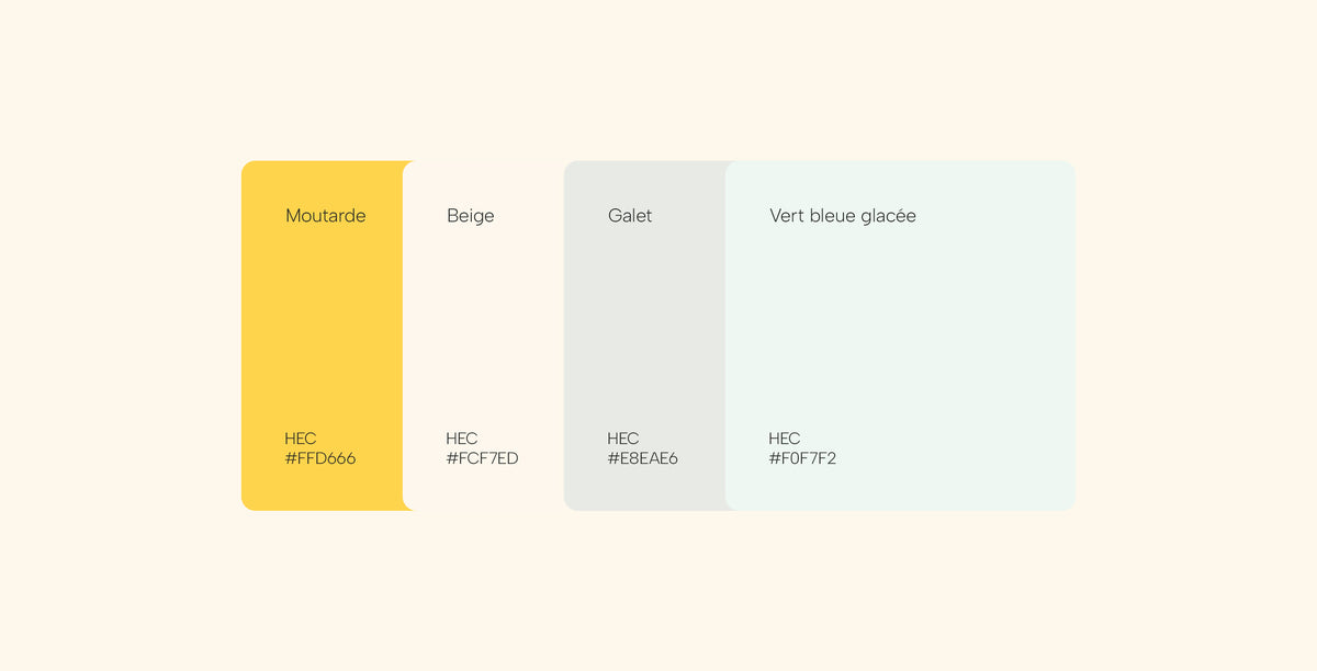 Palette de couleurs de l’identité visuelle Hyppo avec les teintes moutarde, beige, galet et vert bleuté glacé accompagnées de leurs codes hexadécimaux.