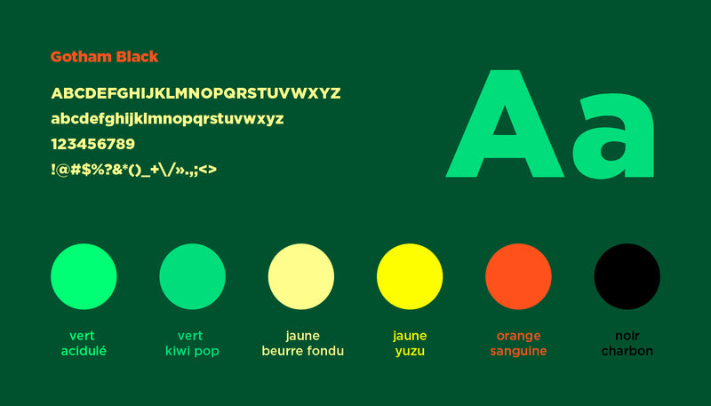 Palette de couleurs et typographie utilisées dans une identité visuelle de marque.