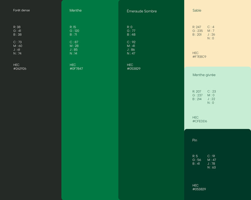 Palette de couleurs d’identité visuelle composée de plusieurs nuances de vert avec leurs valeurs RGB, CMJN et codes hexadécimaux.