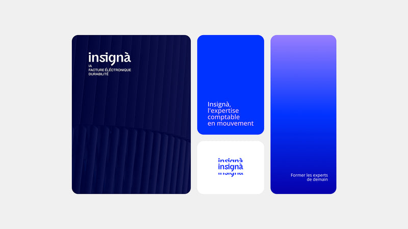 Trois planches de l'identité visuelle Insignà : logo sur façade architecturale sombre, dégradé bleu vif « Former les experts de demain » et dégradé violet.