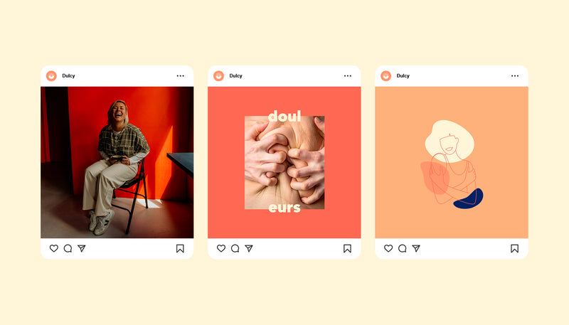 Exemples de publications Instagram Dulcy illustrant une stratégie de communication visuelle autour de la PMA et du bien-être.