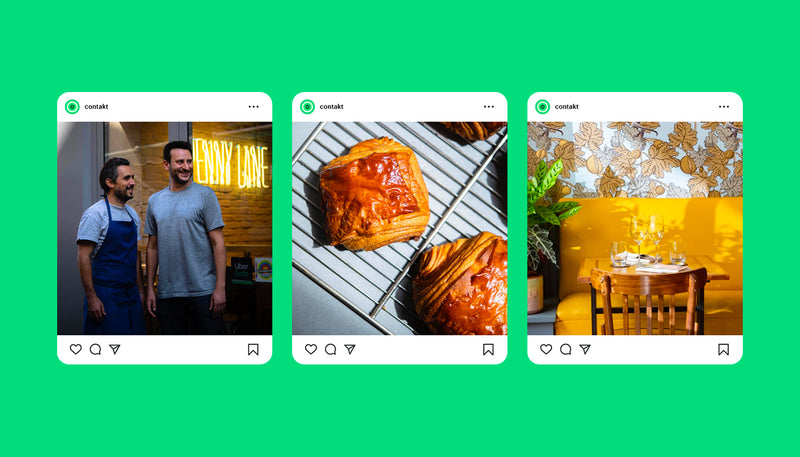 Exemples de publications Instagram pour un restaurant ou une boulangerie artisanale montrant l’équipe, des viennoiseries et l’ambiance du lieu.