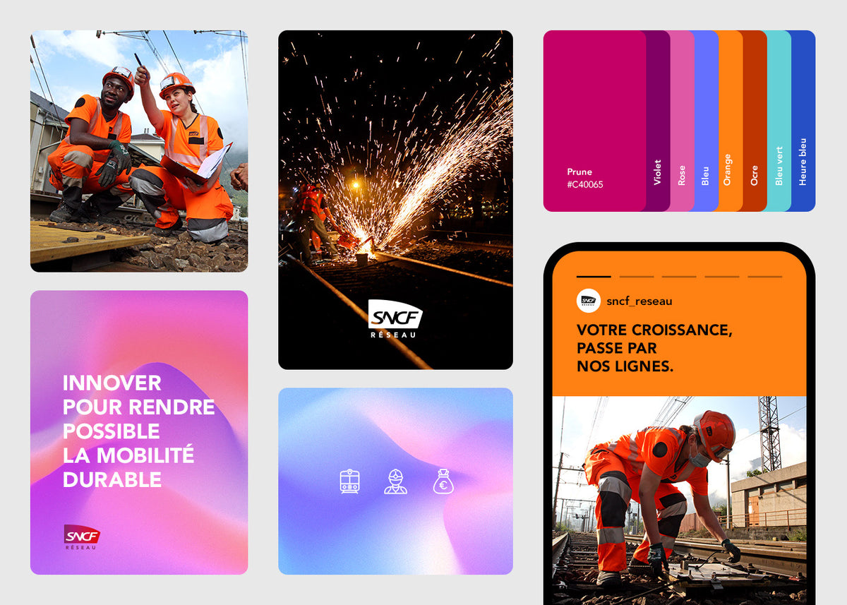 Direction artistique et branding pour SNCF Réseau présentant univers visuel, palette de couleurs et visuels de campagne autour de la mobilité durable.