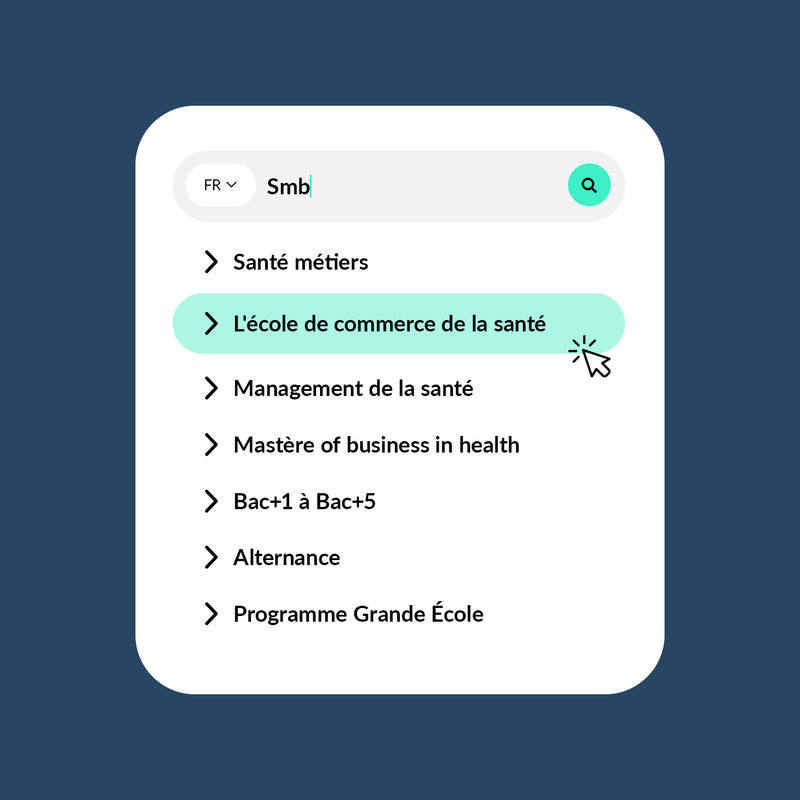 Interface de recherche mettant en avant la requête « L’école de commerce de la santé » avec suggestions de formations en management et commerce de la santé.