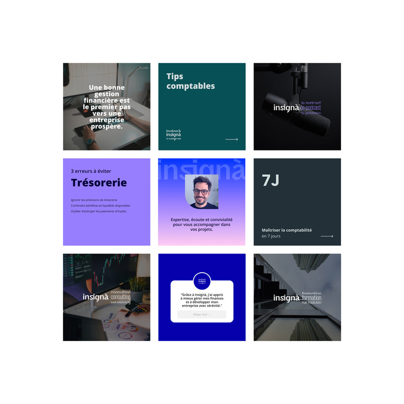 Second mockup de trois écrans de smartphone présentant les stories et publications Instagram de la marque Insignà.