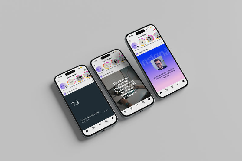 Mockup de trois écrans de smartphone présentant les stories et publications Instagram de la marque Insignà.