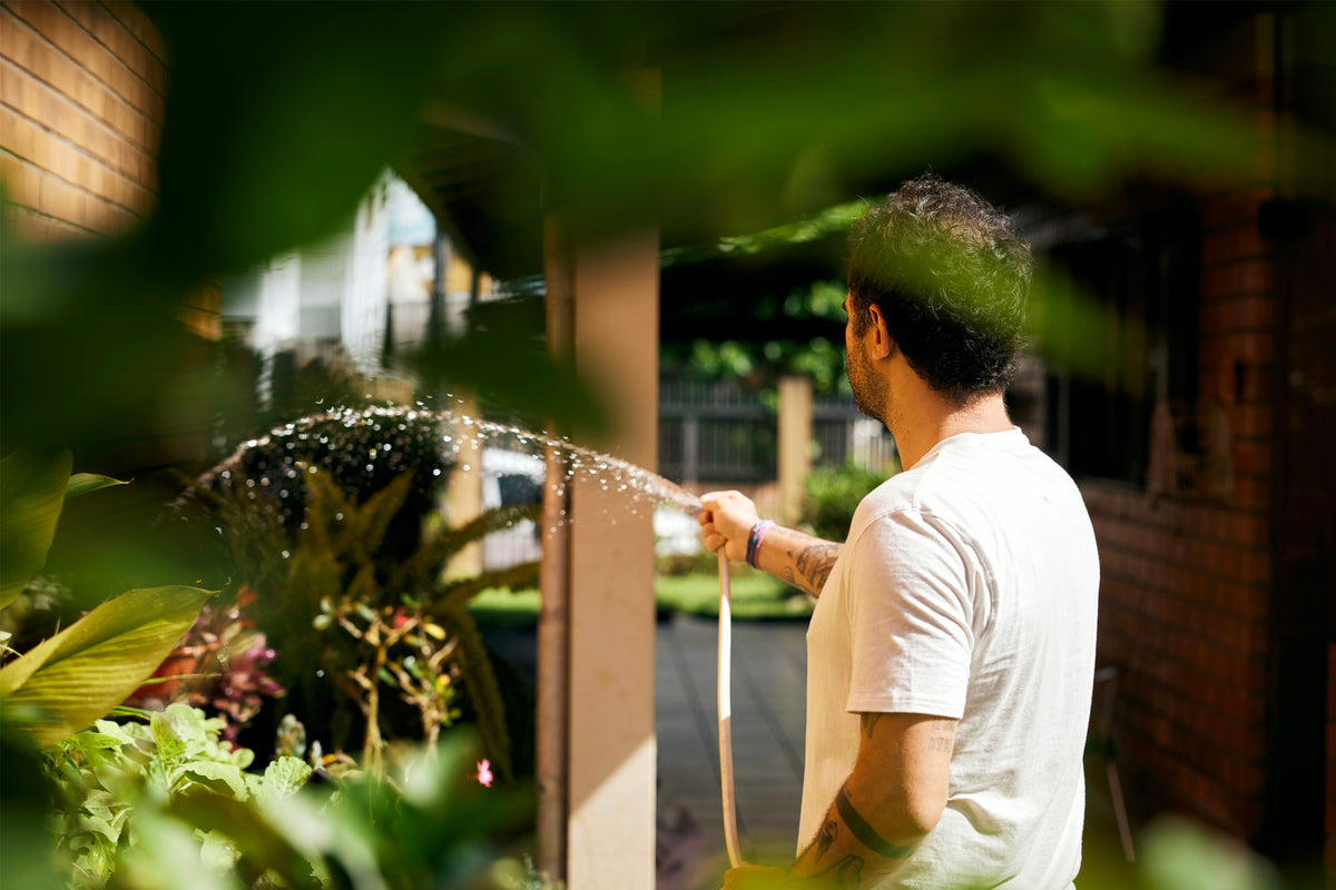 Paysagiste arrosant des plantes avec un tuyau dans un jardin, illustrant l’entretien et le soin des espaces verts au quotidien.