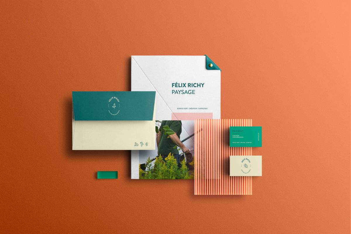 Identité visuelle Richy Paysage déclinée sur supports print avec cartes, papeterie et branding illustrant un univers végétal et l’aménagement paysager.