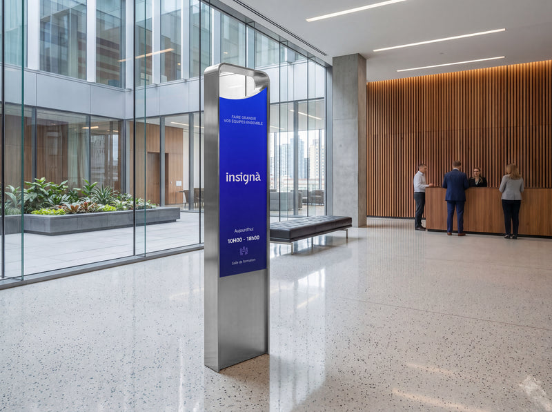 Borne de signalétique Insignà bleu dégradé dans un hall d'entreprise, indiquant les horaires et la salle de formation, avec accueil en arrière-plan.