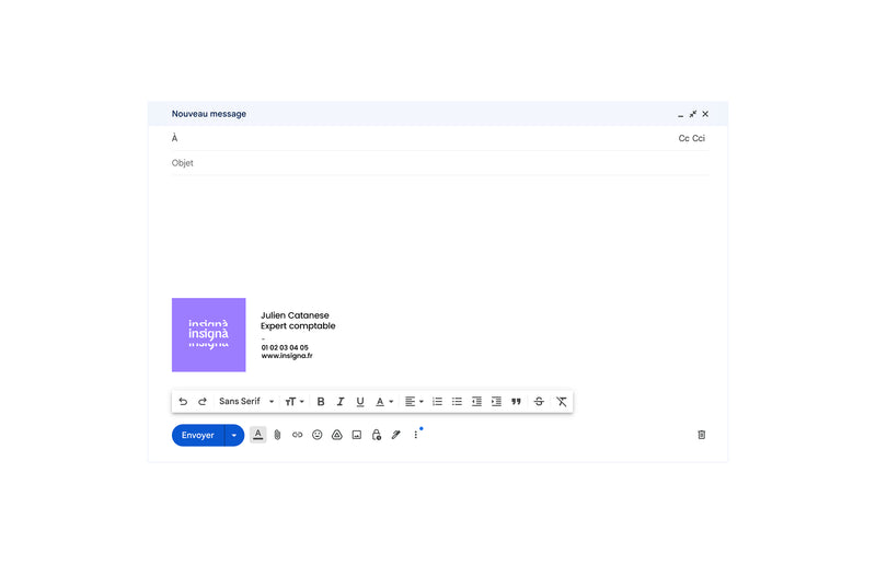Brouillon d'e-mail Gmail avec signature de marque Insignà et coordonnées de Julien Catanese.