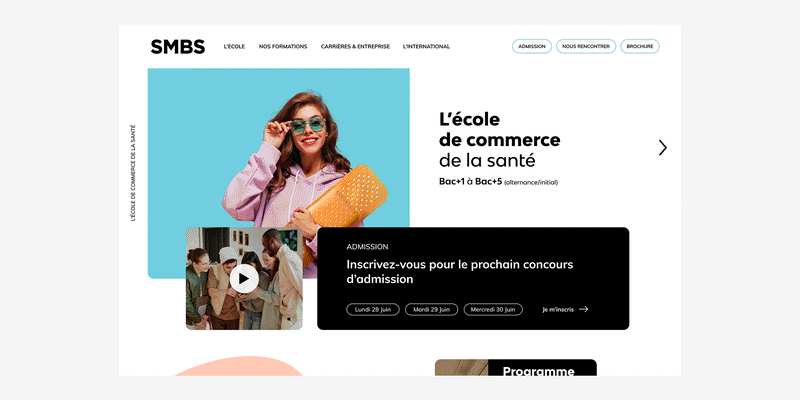 Page d’accueil d’un site web d’école de commerce spécialisée en management de la santé avec inscription au concours d’admission.