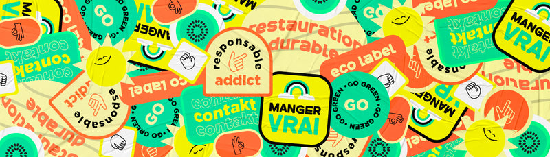 Ensemble de stickers graphiques colorés illustrant une identité de marque engagée dans la restauration durable.