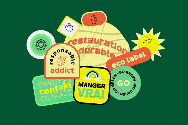Collection de stickers graphiques autour de la restauration durable et de l’éco-responsabilité utilisés dans une identité de marque.
