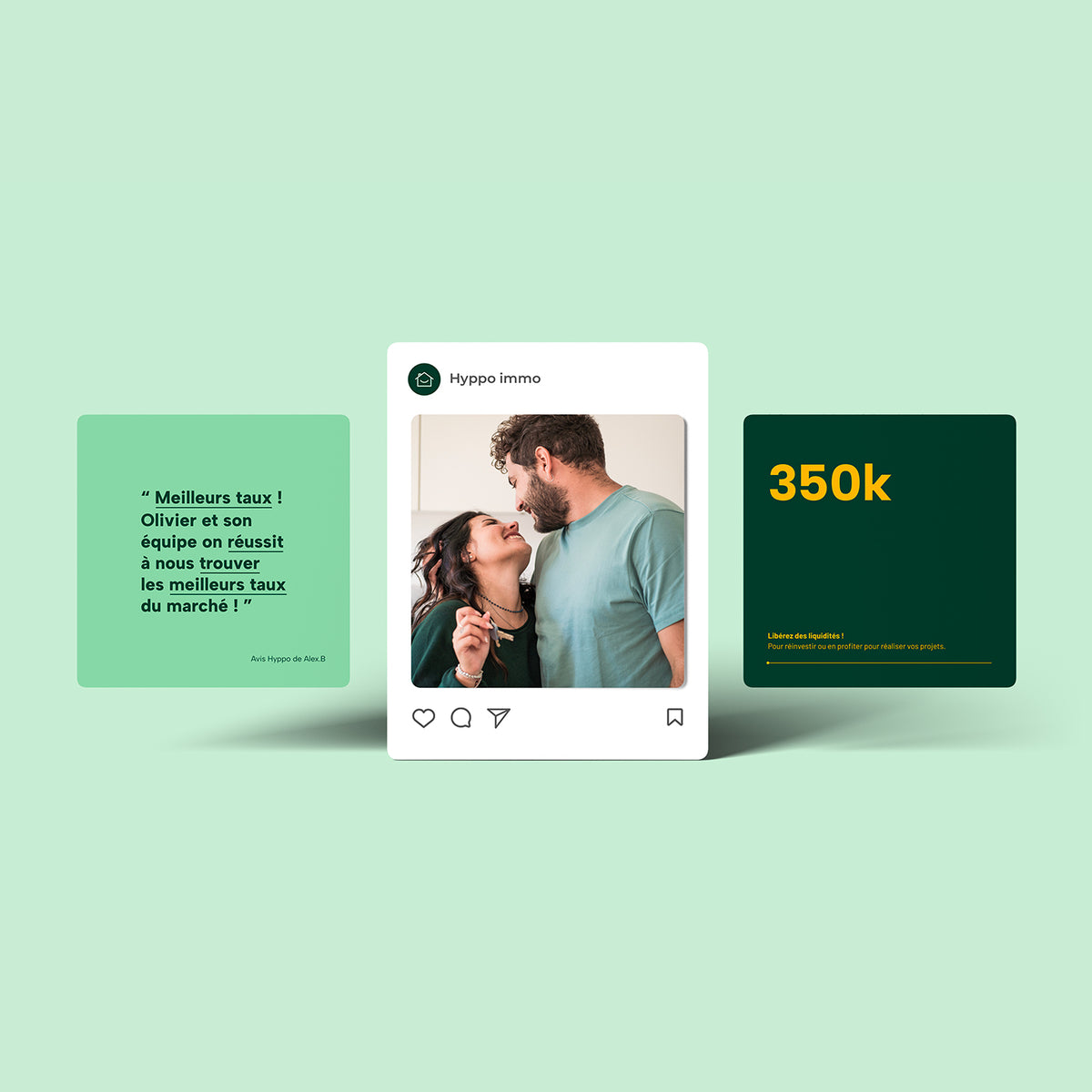 Publication réseaux sociaux avec témoignage client sur l’obtention des meilleurs taux pour un financement immobilier.