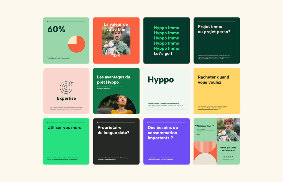 Collection de visuels pour réseaux sociaux présentant des services de prêt hypothécaire, financement immobilier et gestion de patrimoine.