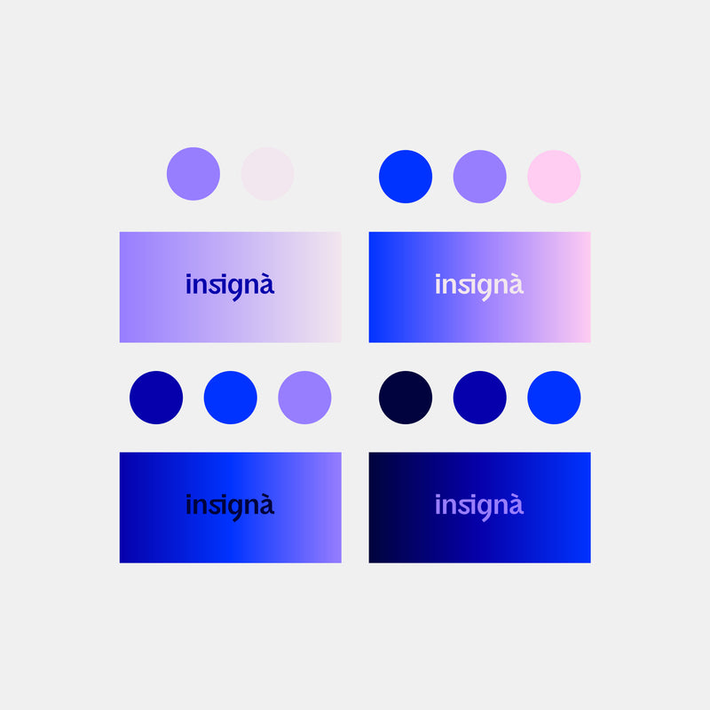 Grille de déclinaisons du logo Insignà testées sur différents fonds : dégradés violet, bleu, rose et fonds unis foncés.