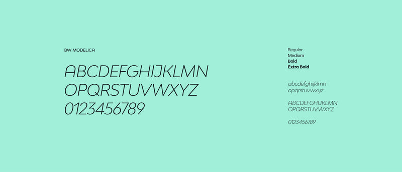 Présentation de la typographie BW Modelica utilisée dans une identité visuelle avec alphabet, chiffres et déclinaisons de graisses.