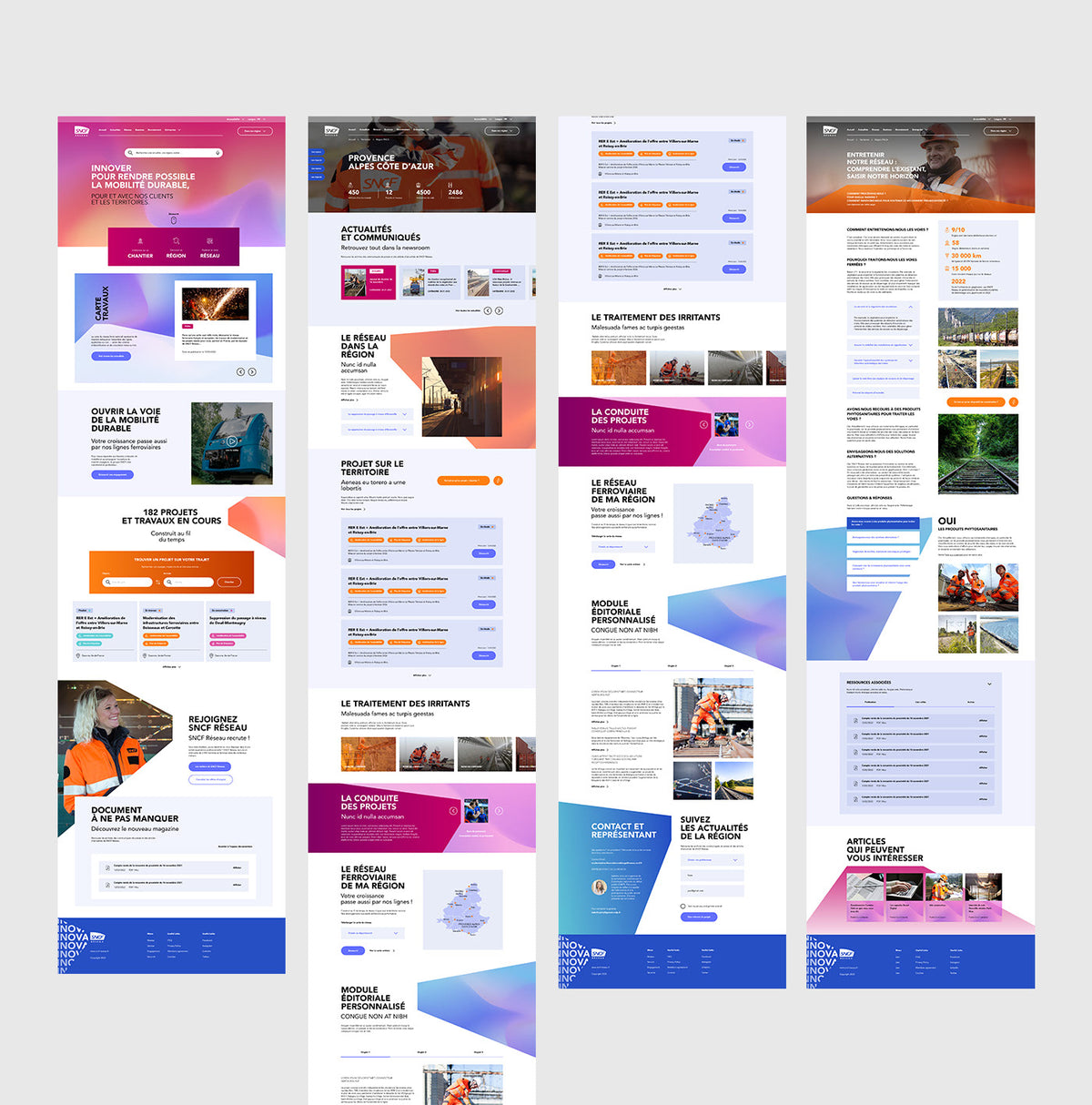 Ensemble de maquettes d’interface du site SNCF Réseau illustrant un projet de webdesign et design system.