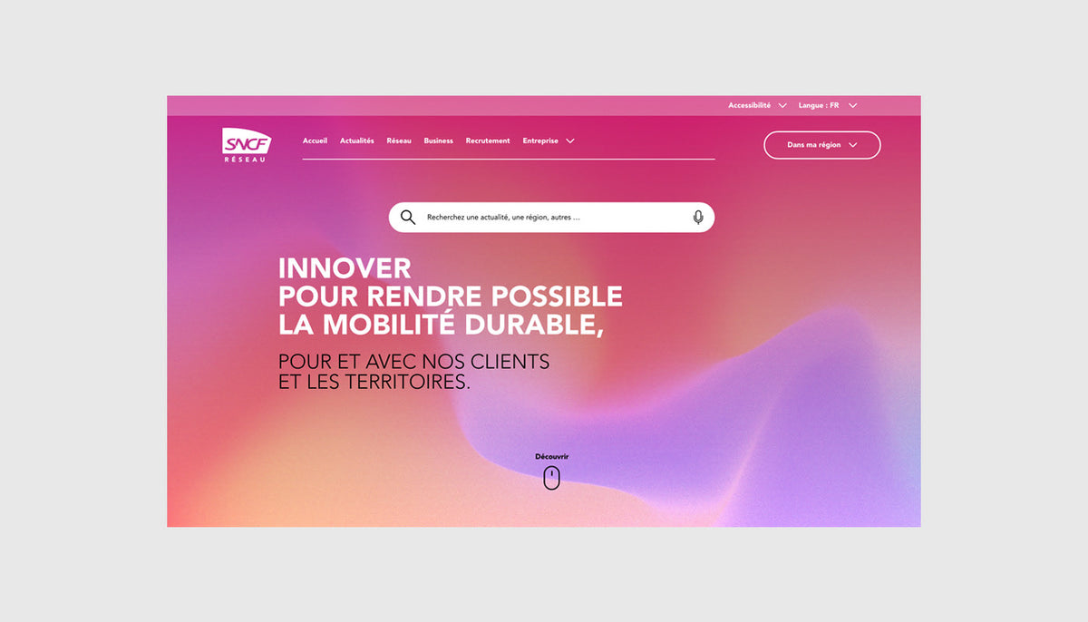 Maquette d’interface et direction artistique du site SNCF Réseau avec univers graphique et identité visuelle pour la mobilité durable.