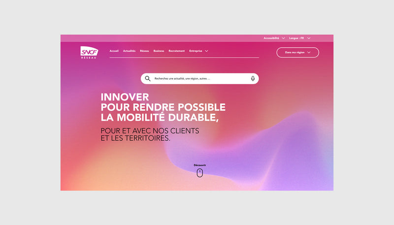 Maquette d’interface et direction artistique du site SNCF Réseau avec univers graphique et identité visuelle pour la mobilité durable.