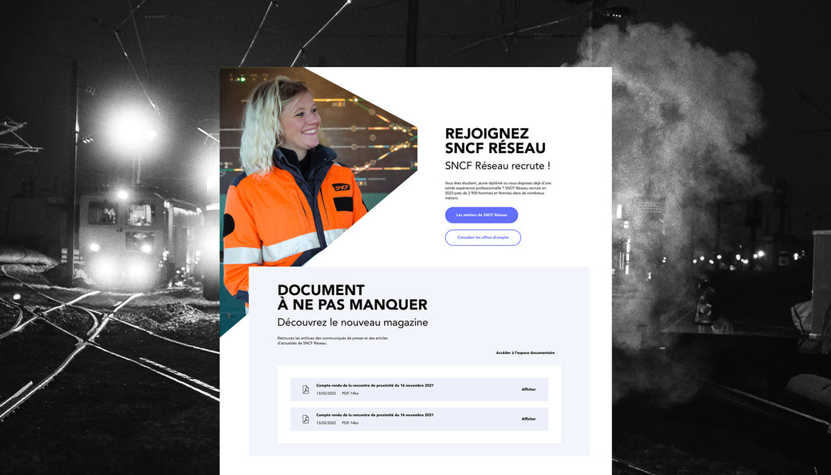Présentation du design d’interface d’une page de recrutement SNCF Réseau dans un projet de webdesign et direction artistique.