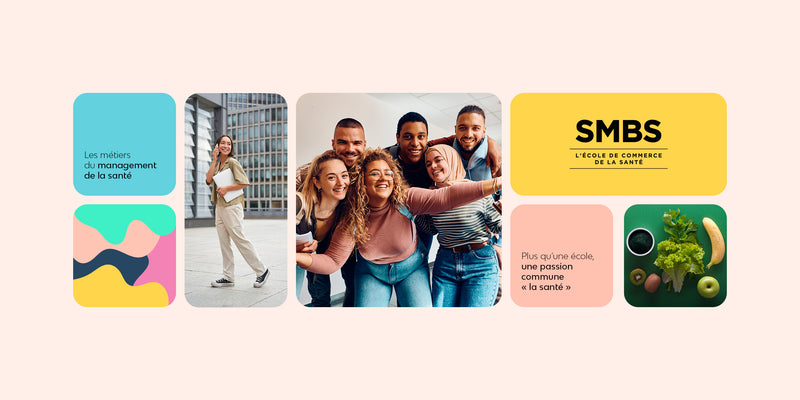 Univers visuel et éléments graphiques de l’identité de l’école de commerce de la santé SMBS avec étudiants, couleurs et branding.