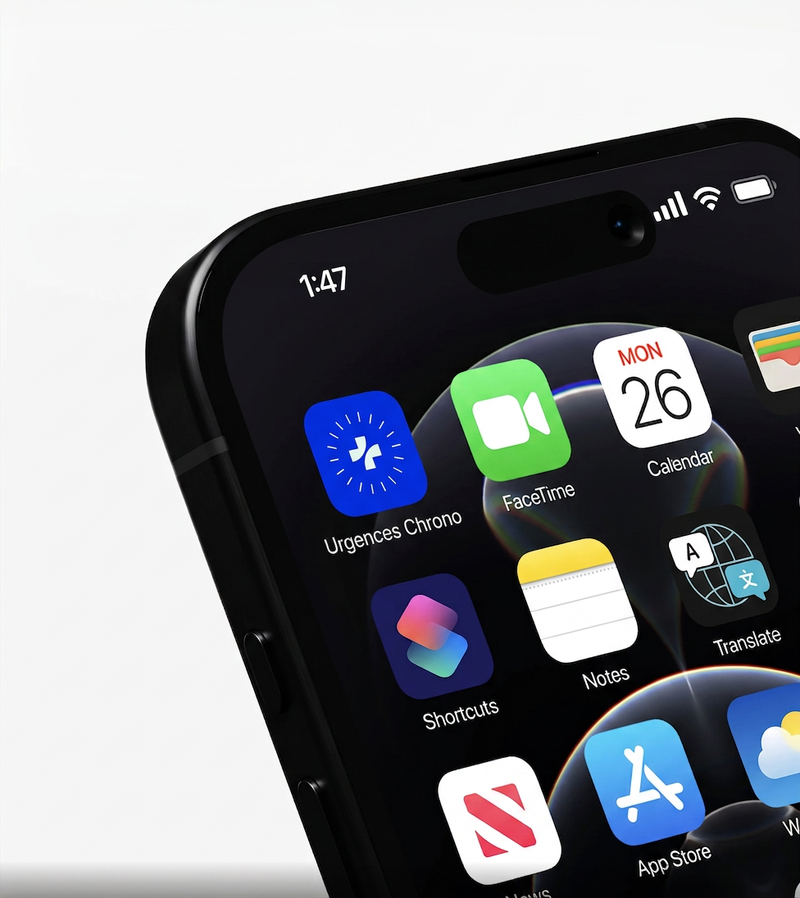 Icône de l'application Urgences Chrono sur l'écran d'accueil d'un iPhone.