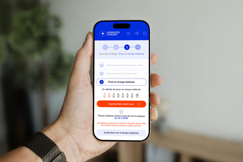 Application mobile Urgences Chrono tenue en main, étape de prise en charge médicale et file d'attente.