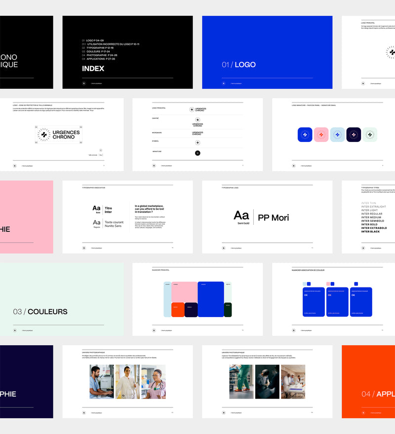 Planches de la charte graphique Urgences Chrono : logo, typographie, couleurs et applications.