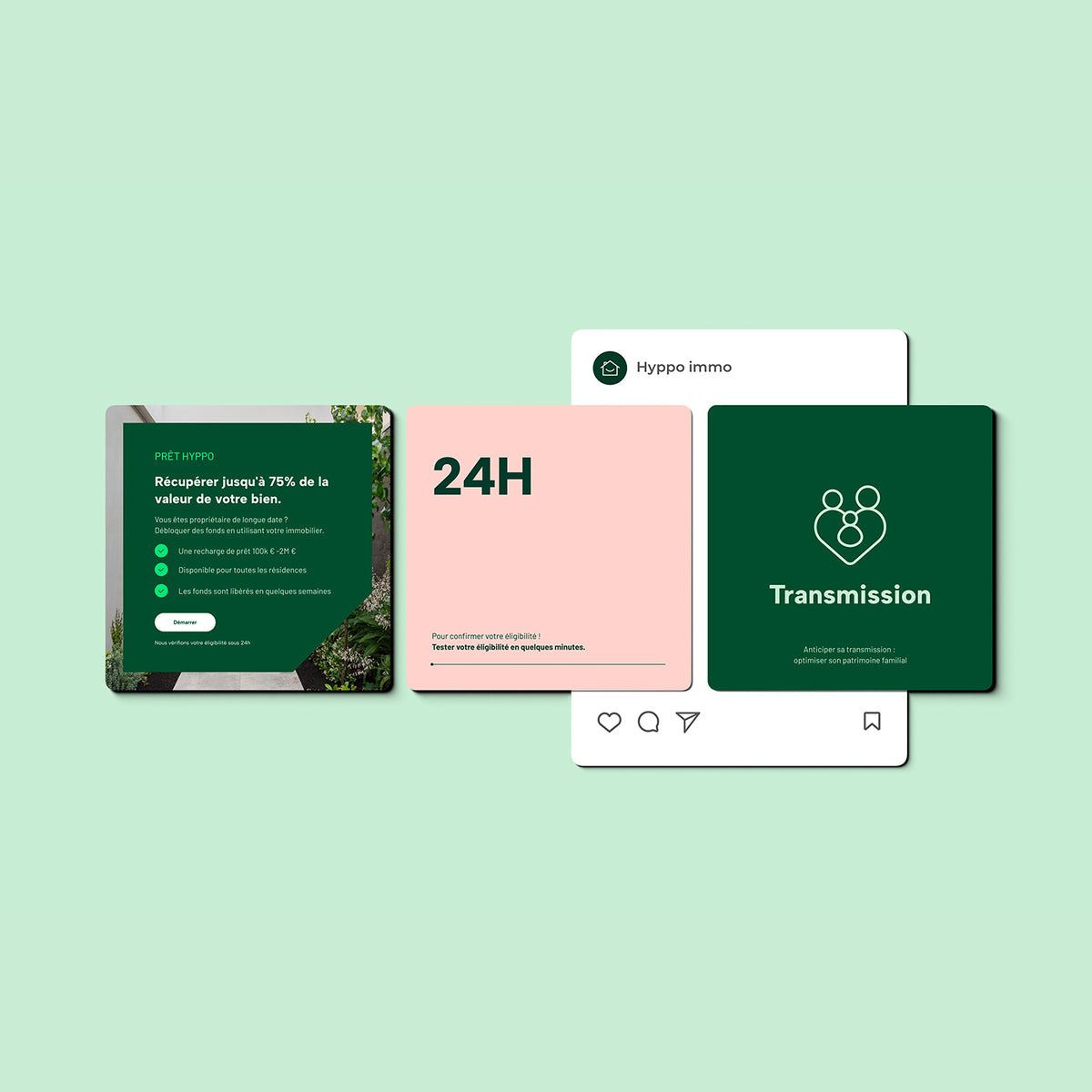 Créations visuelles pour réseaux sociaux présentant des services de financement immobilier, prêt hypothécaire et transmission de patrimoine.